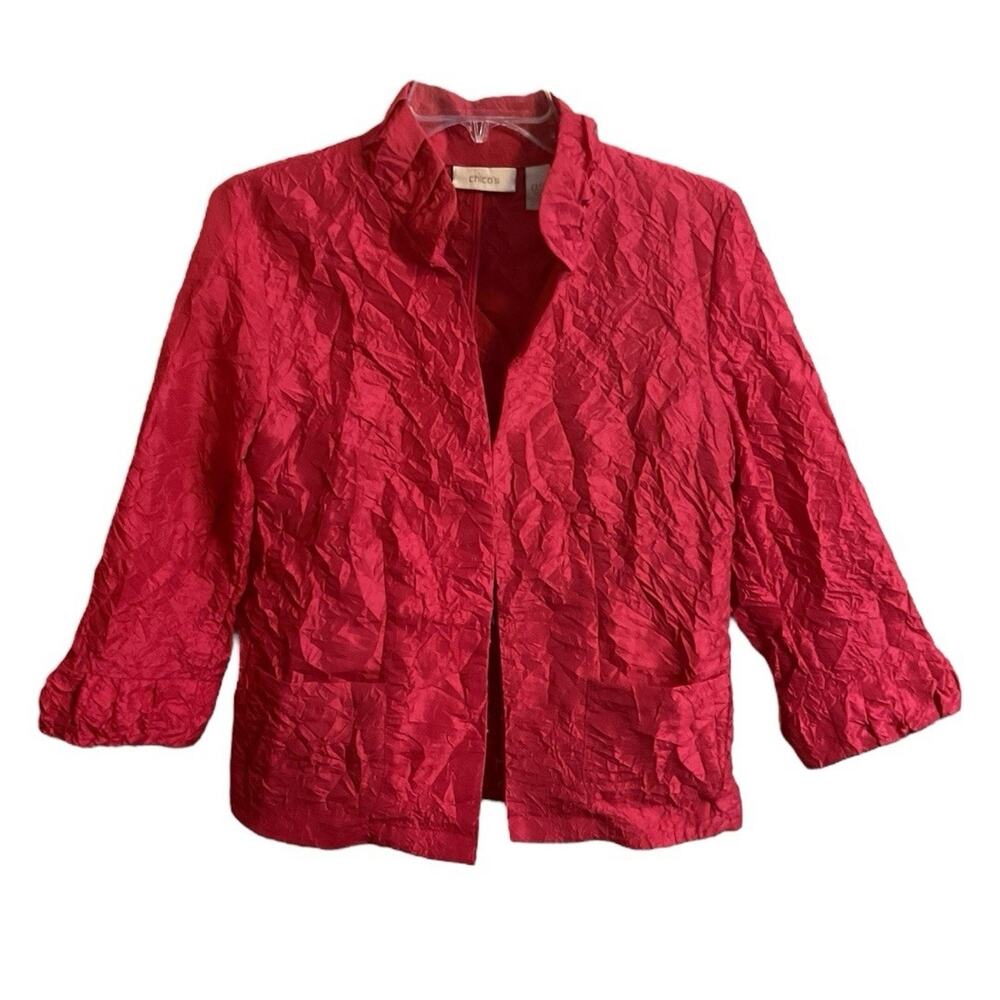 Chicos Jacket Pink Crinkled Open Front‎ Lightweight Size .5 (6) Pockets